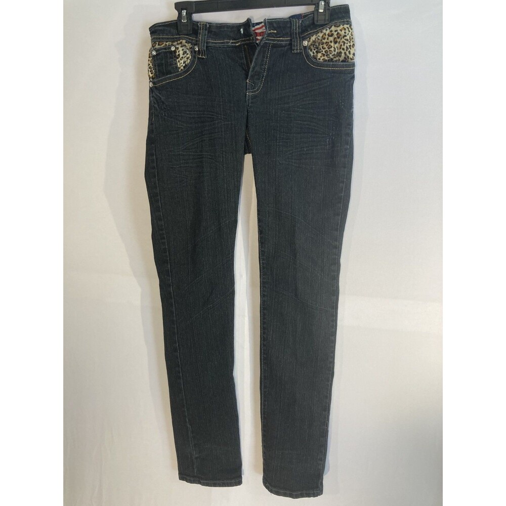True Rock Women's Skinny Jeans Leopard Print Accents Rhinestone Embellished